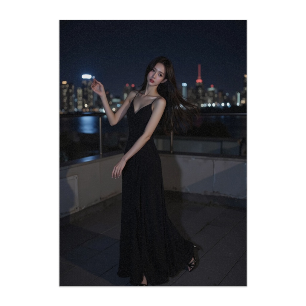 黒いドレスの美女と夜景のルーフトップ