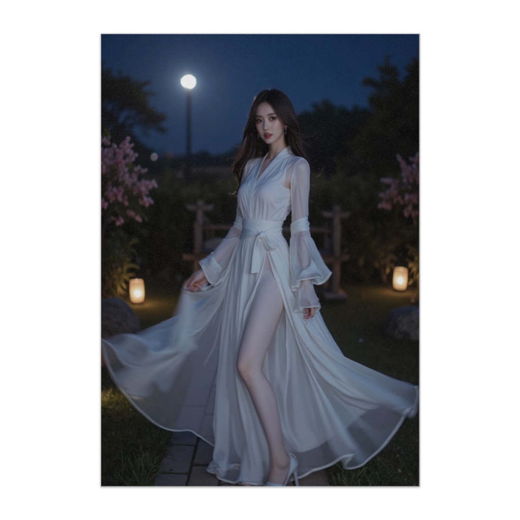 白いドレスの美女と夜の庭園