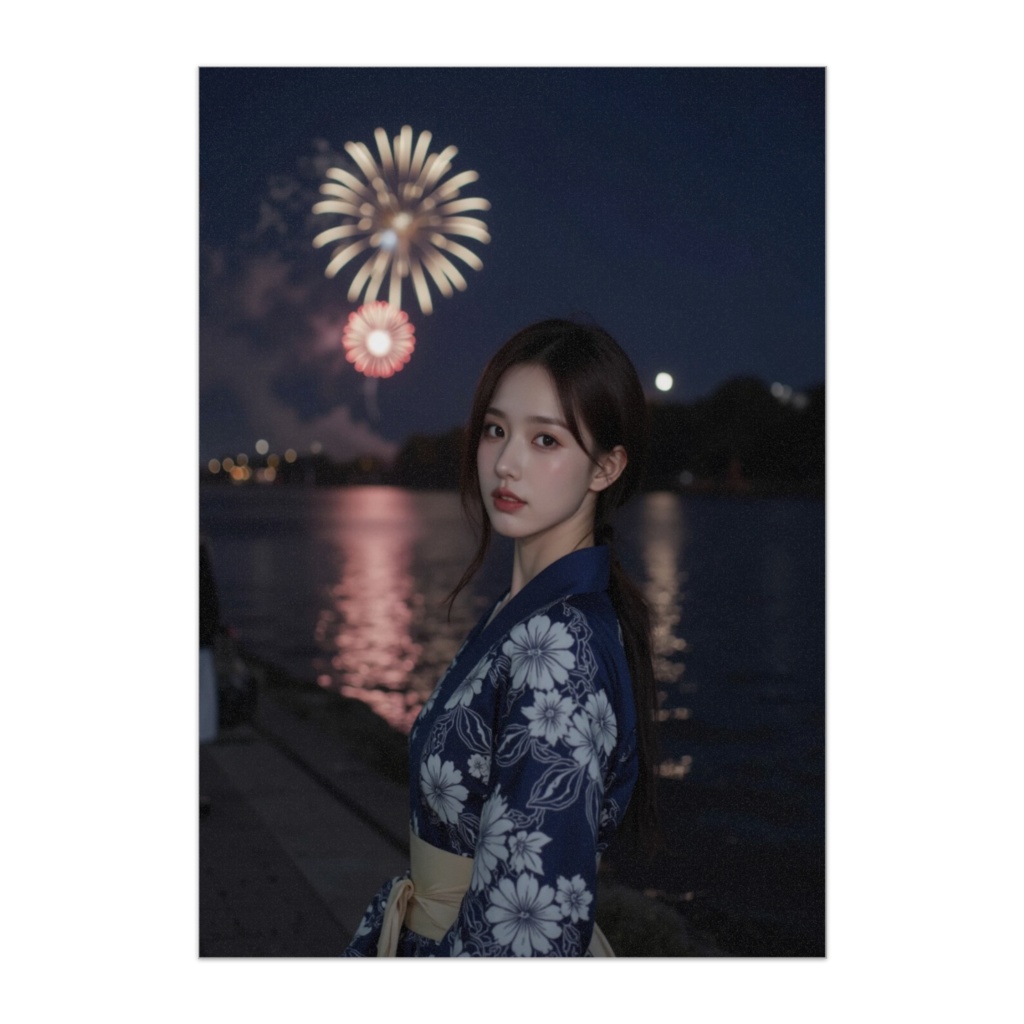 花火と浴衣の少女、夏の夜の川辺