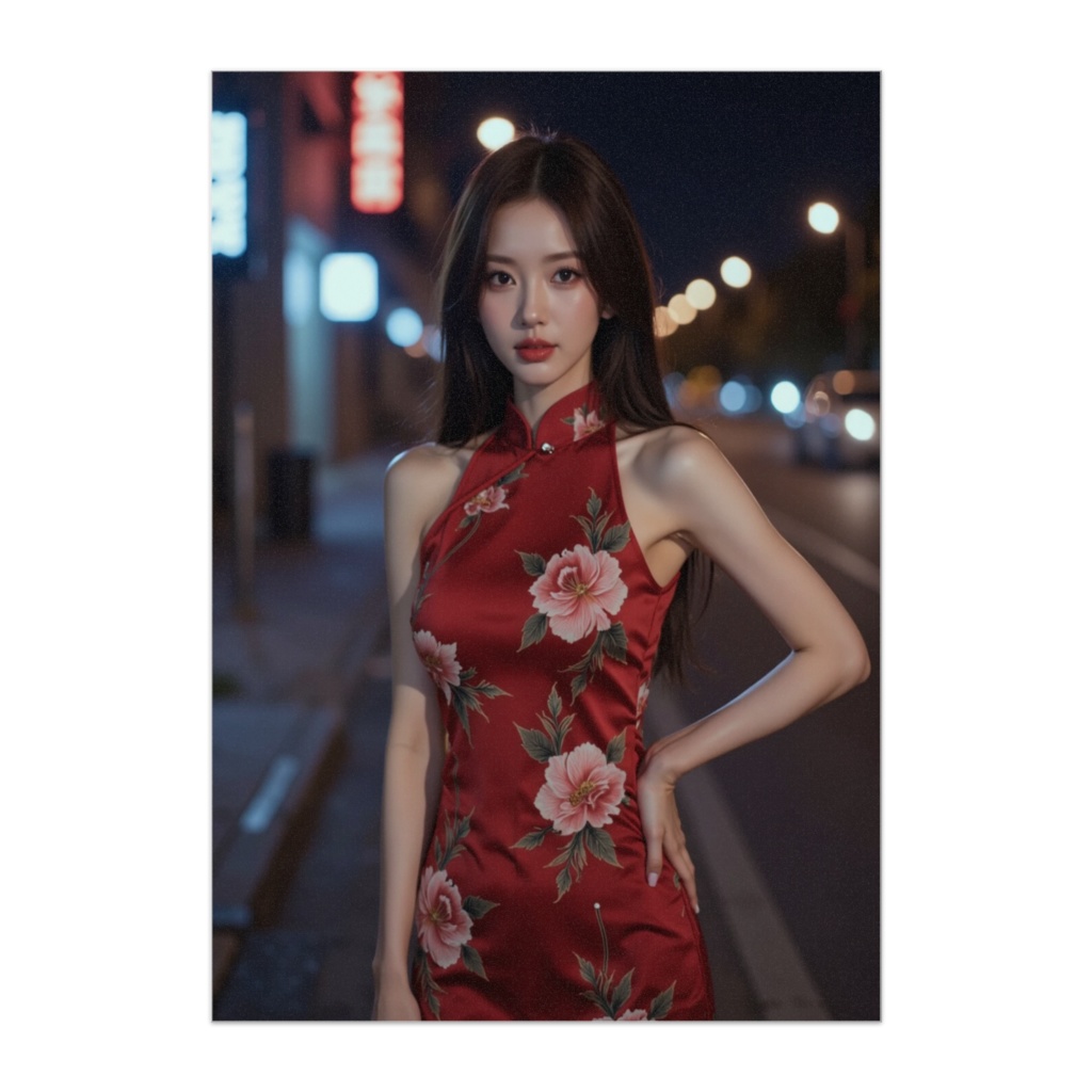 赤い花柄チャイナドレス美女ポスター