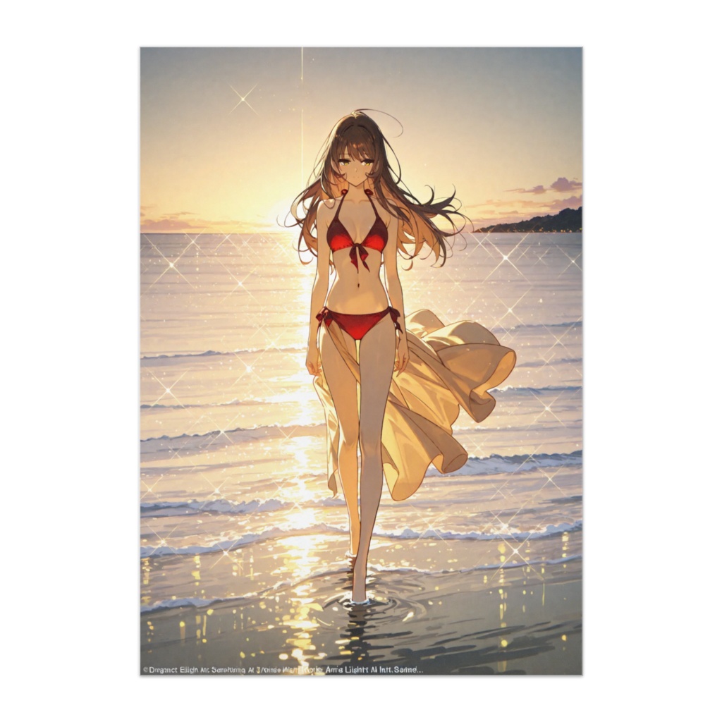 エレガント長髪美女・赤ビキニと夕暮れビーチポスター