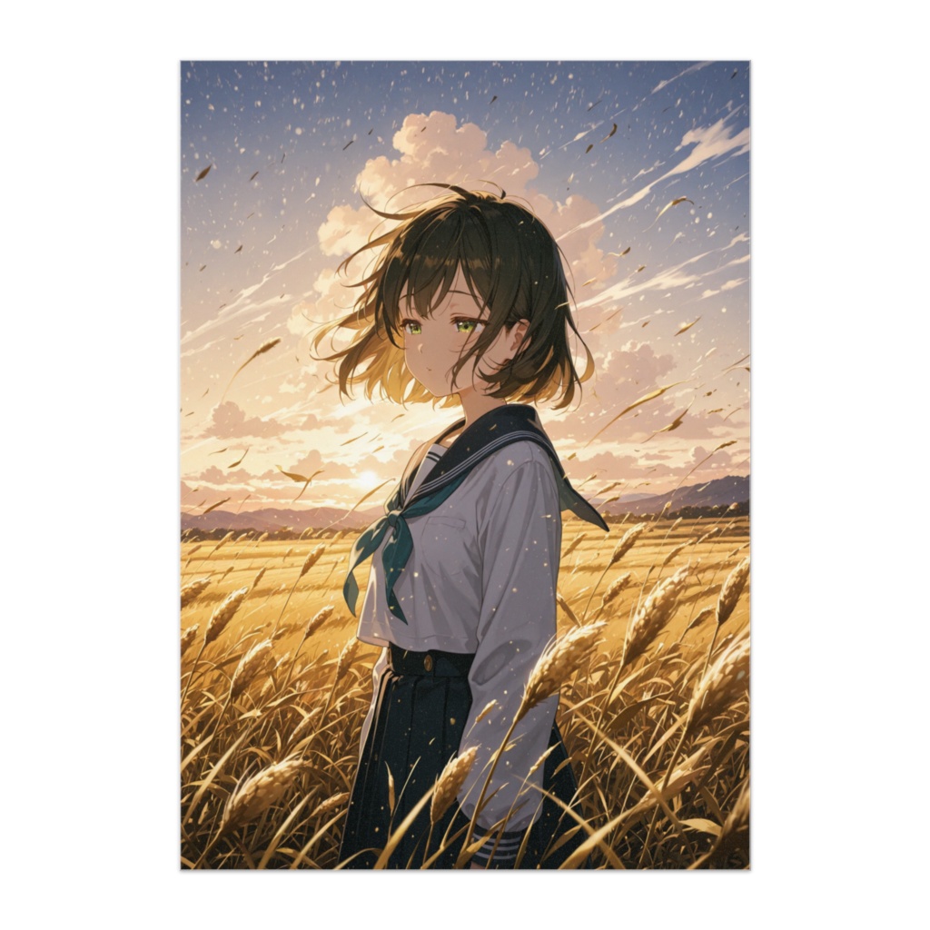 夕暮れの麦畑に佇む少女 ― ノスタルジックアートポスター