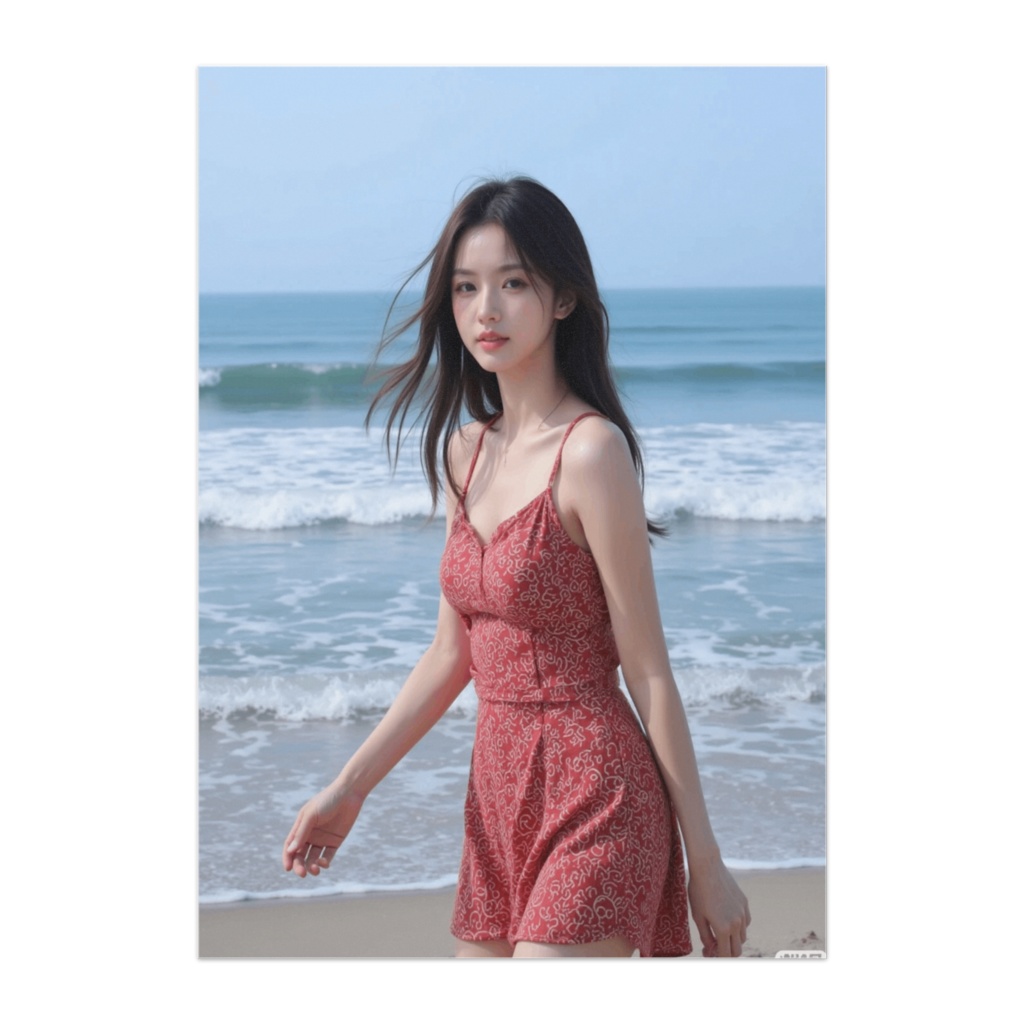 赤い花柄サマードレスの浜辺少女