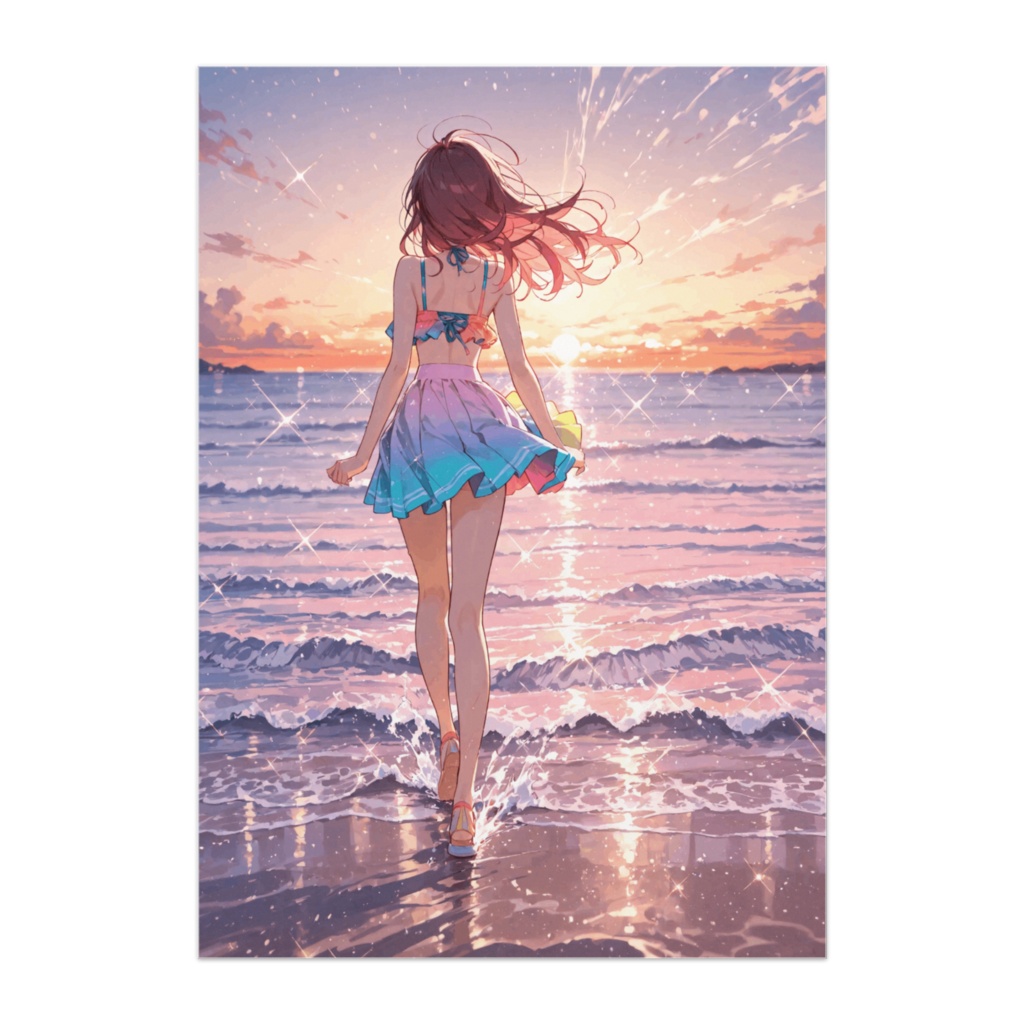 夕暮れの浜辺を駆ける虹色ドレスの少女