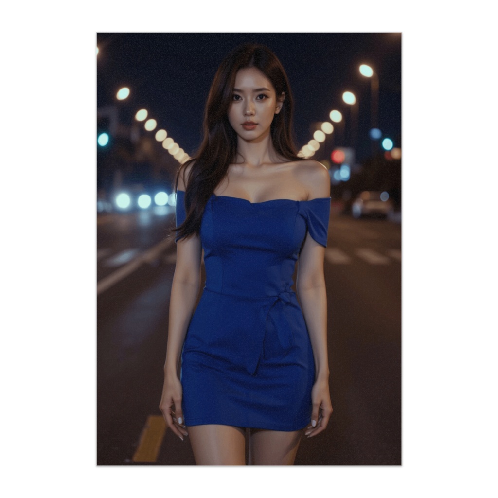 ブルーオフショルダードレスの美女ポスター