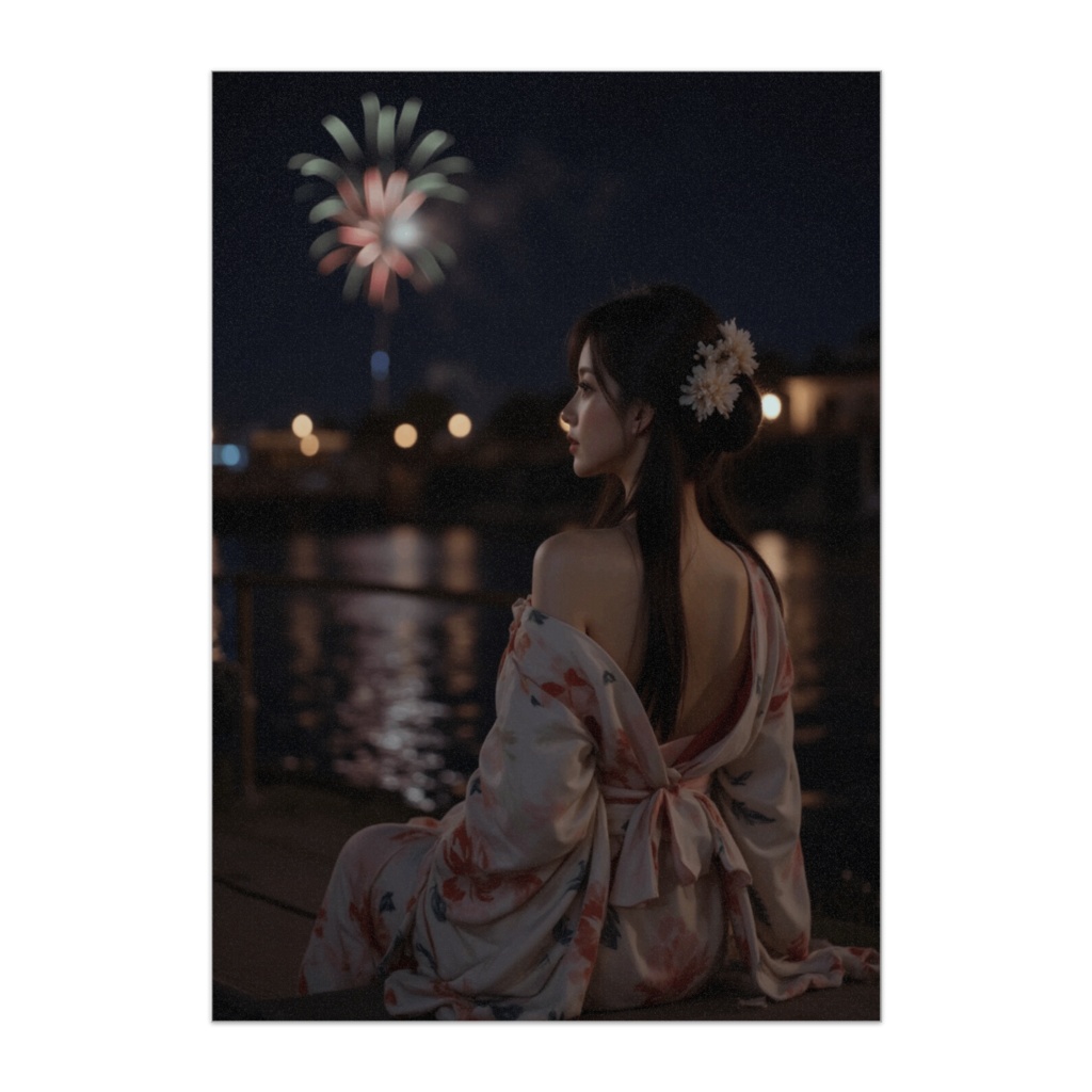 夏夜の花火と浴衣美人の後ろ姿