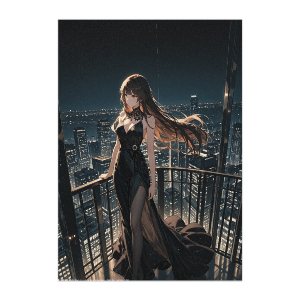 夜景に映える黒ドレスのエレガント美女