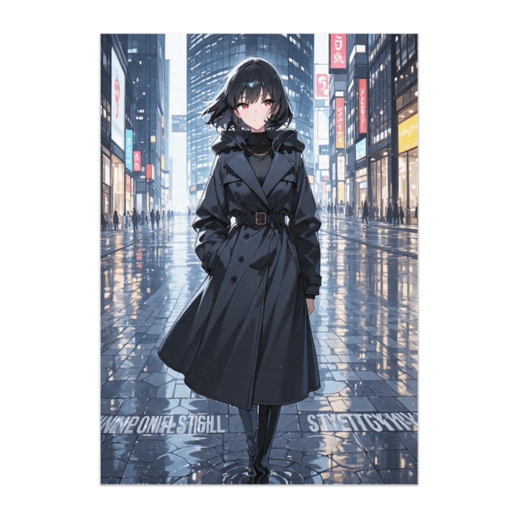 雨の街を歩く黒コートの美女