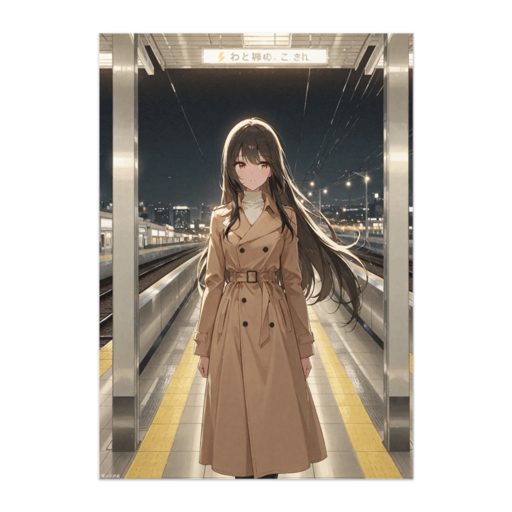 夜の駅に立つベージュコートの美女