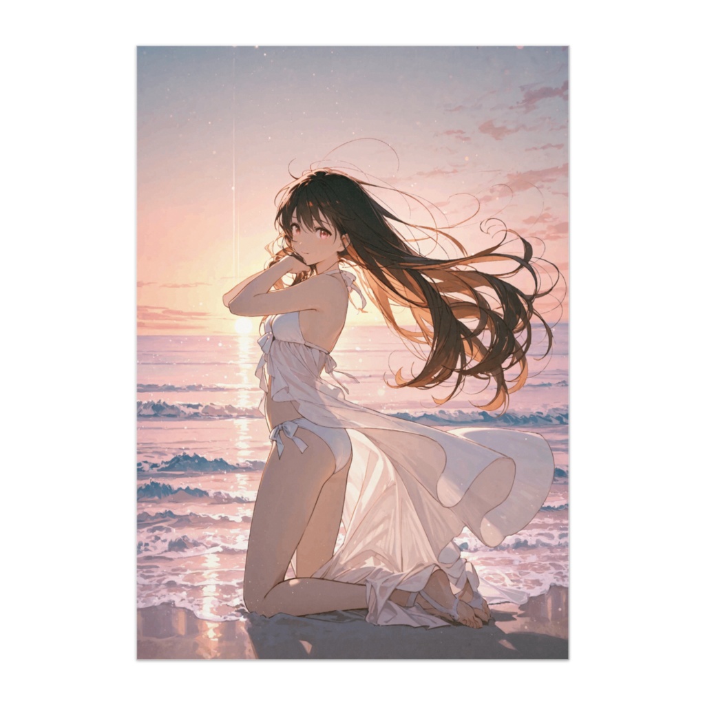 夕暮れの浜辺に佇む清楚な美女