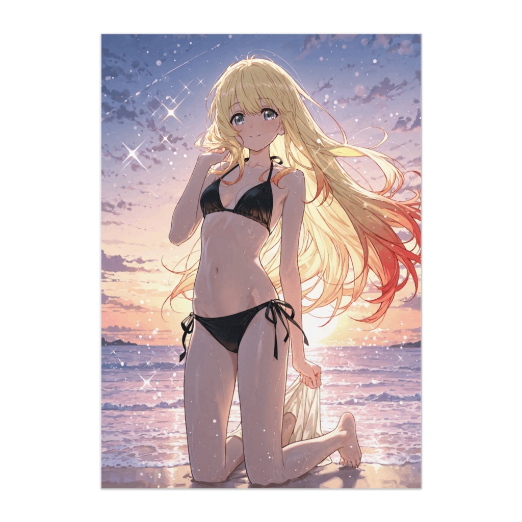夕陽に輝く金髪美女と海辺のひととき