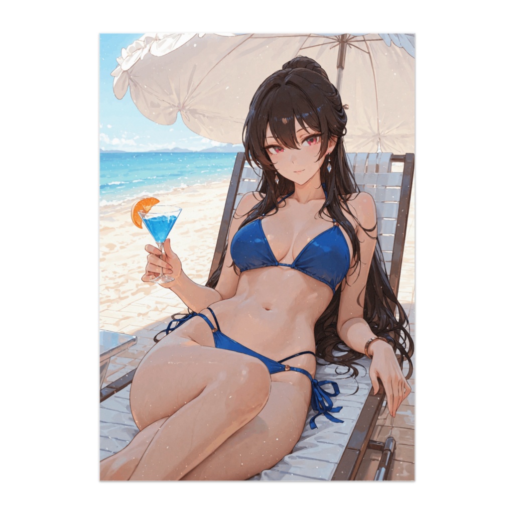 青いビキニ美女とビーチサイドカクテル