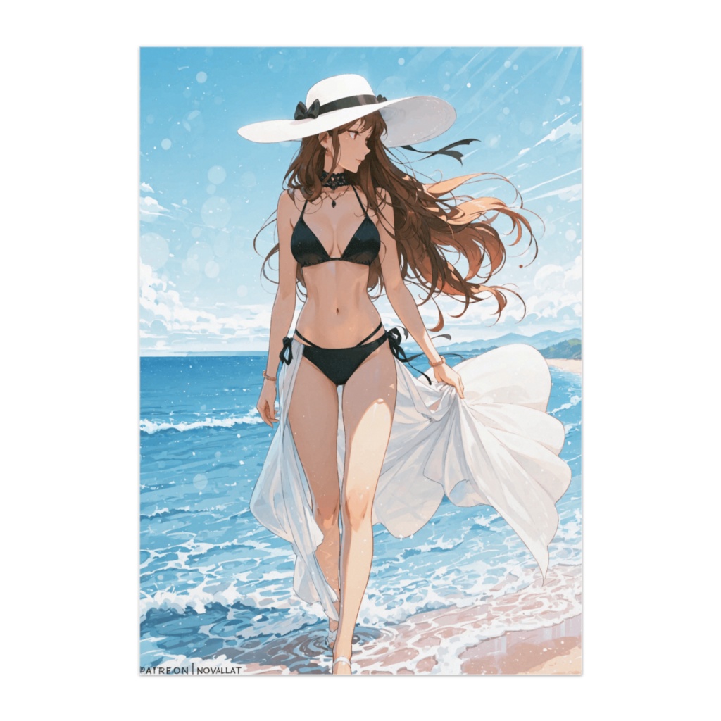 黒ビキニと白い帽子のエレガント美女