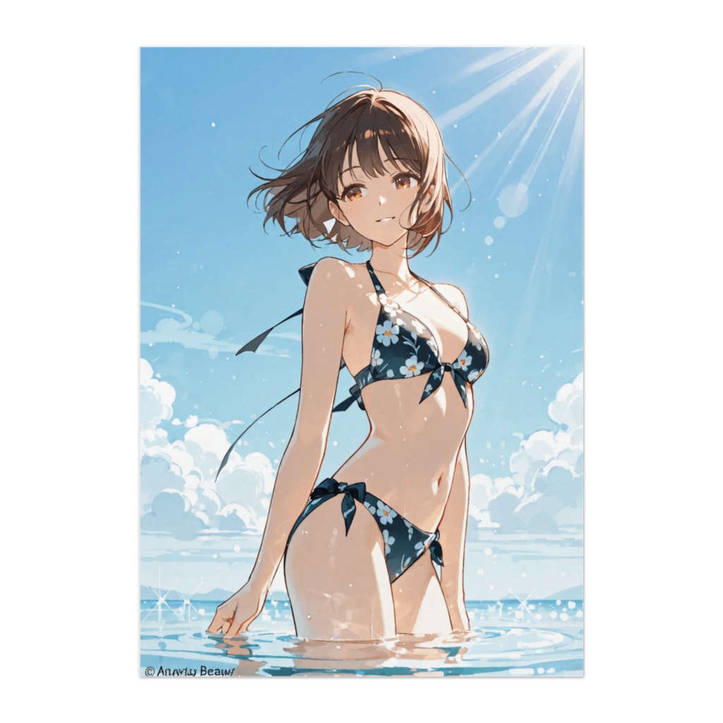 夏の海辺の花柄ビキニ美女