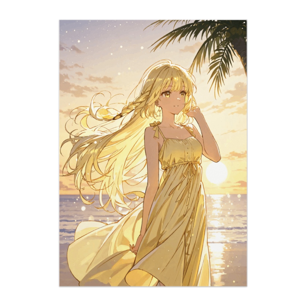 夕暮れの海辺に立つ黄金のドレスの女性