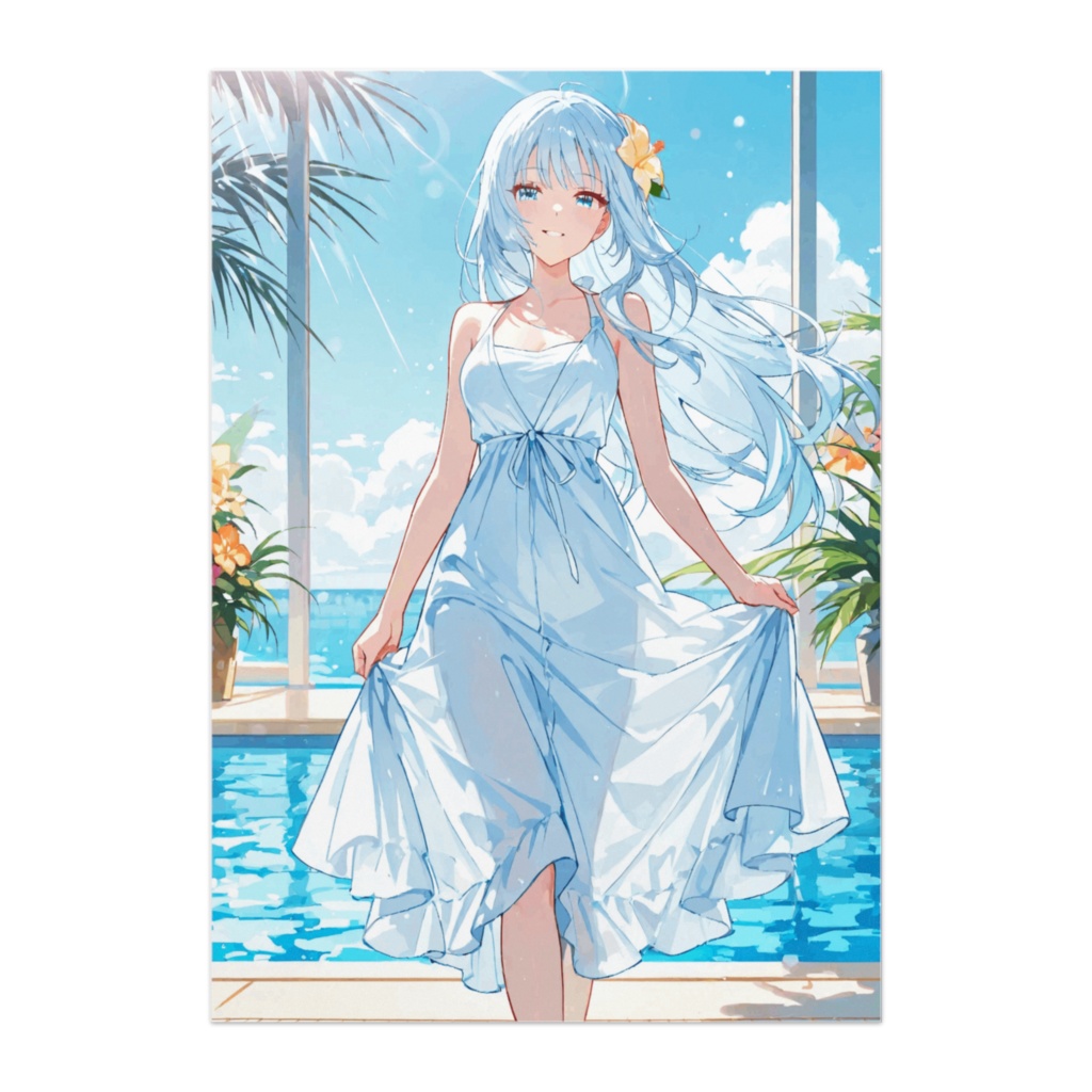 プールサイドの水色ドレスの女性