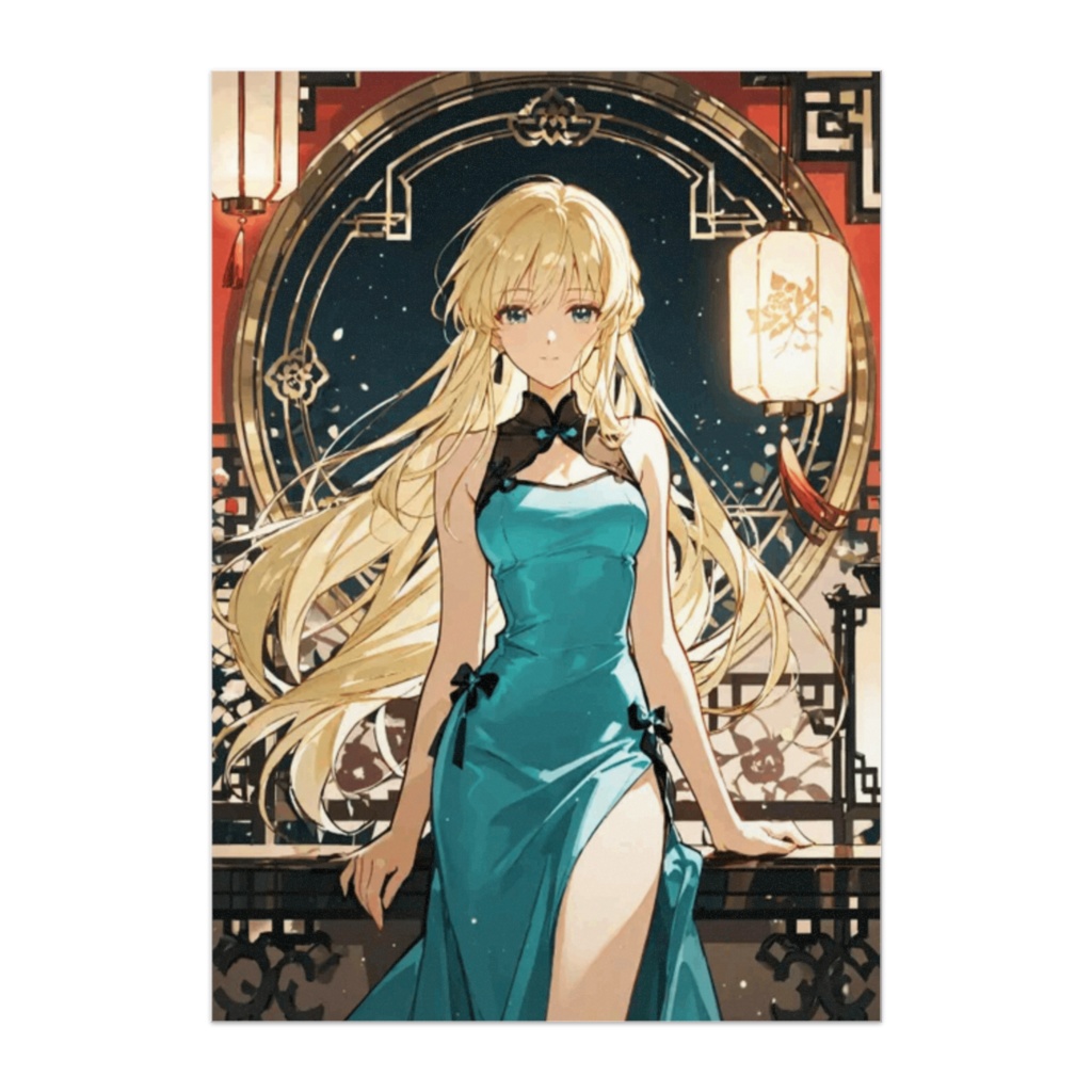 青チャイナドレスのエレガント美女