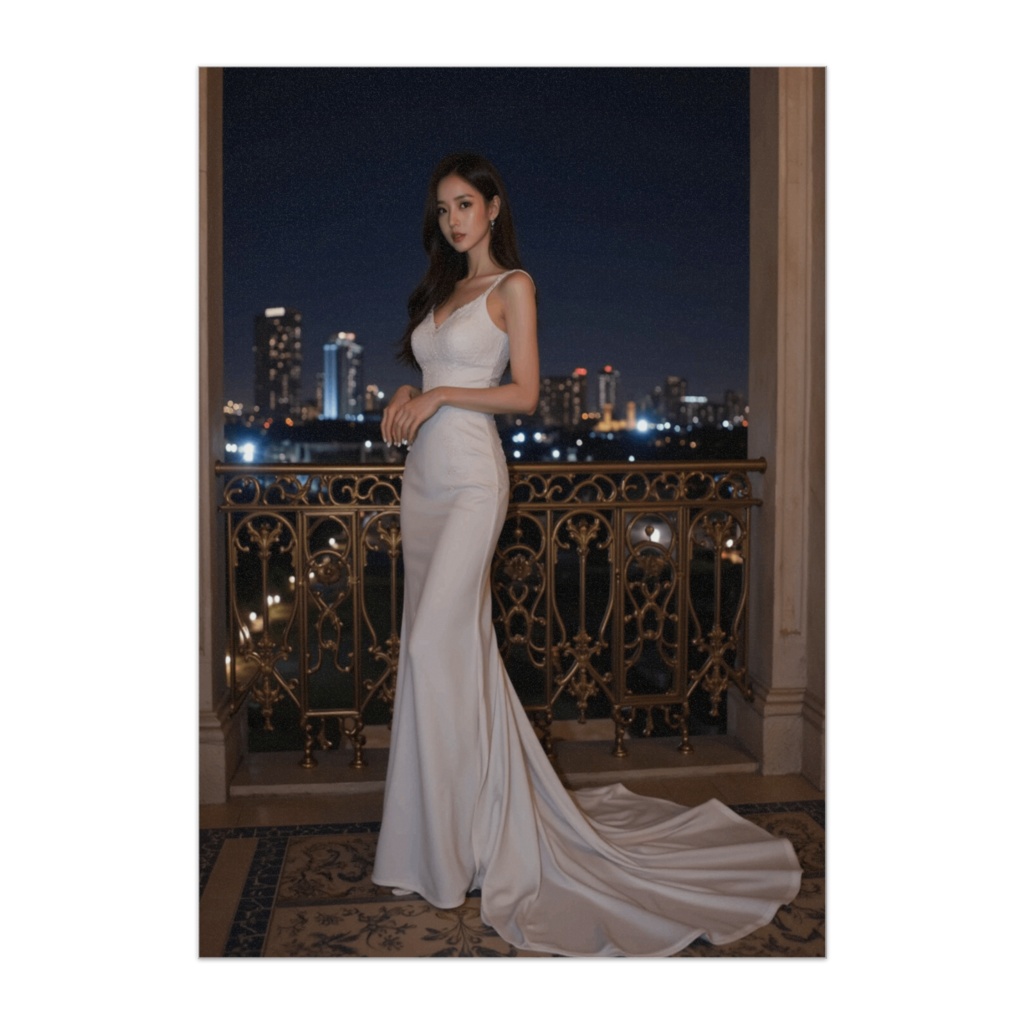 夜景バルコニーの白ドレス美女  