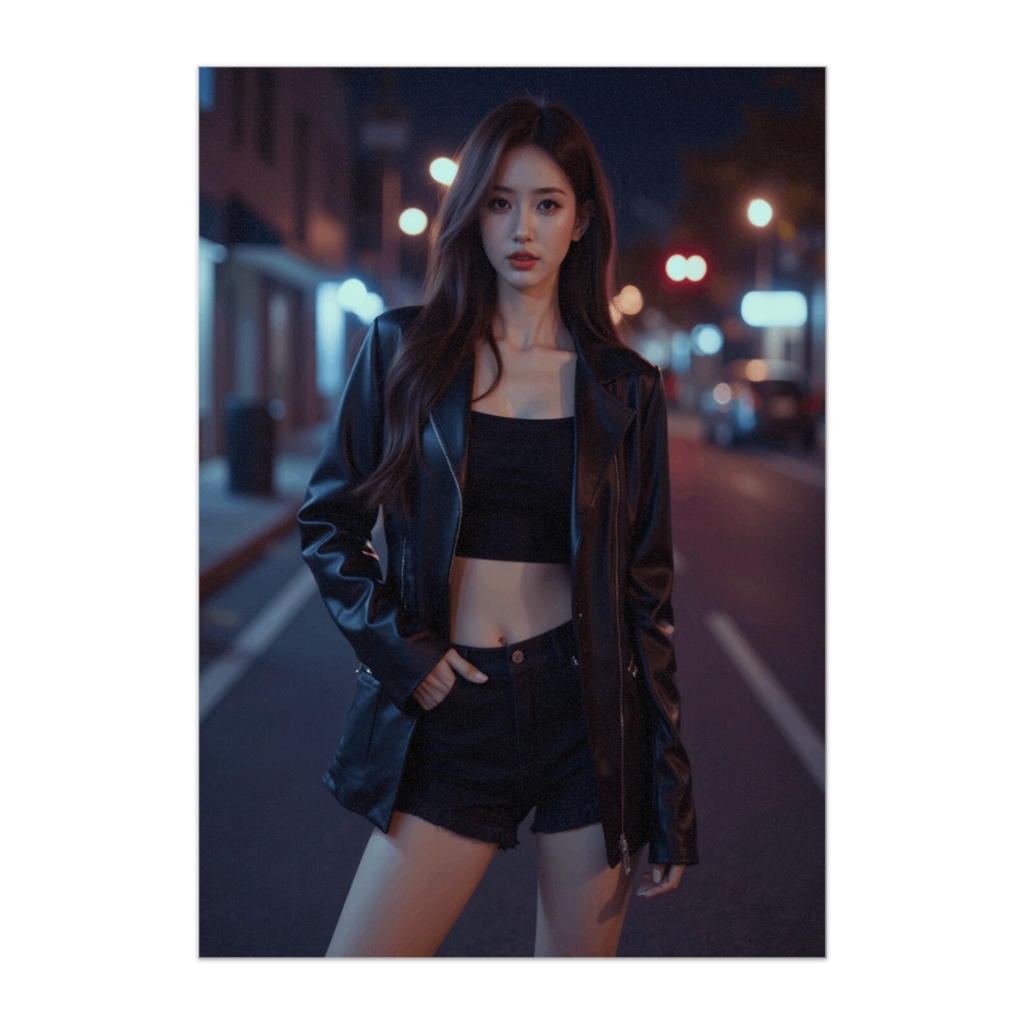 夜のストリートに立つレザージャケット美女