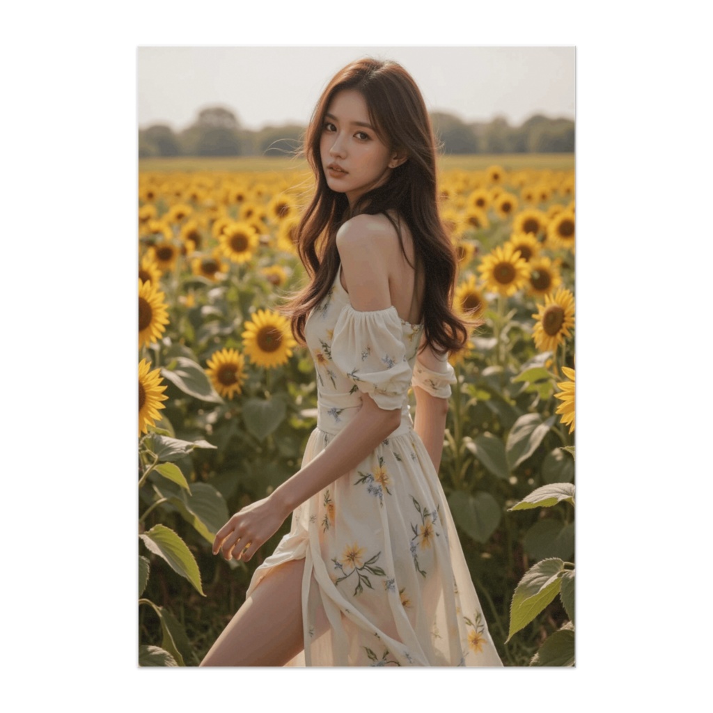 向日葵畑の花柄ワンピ美女  