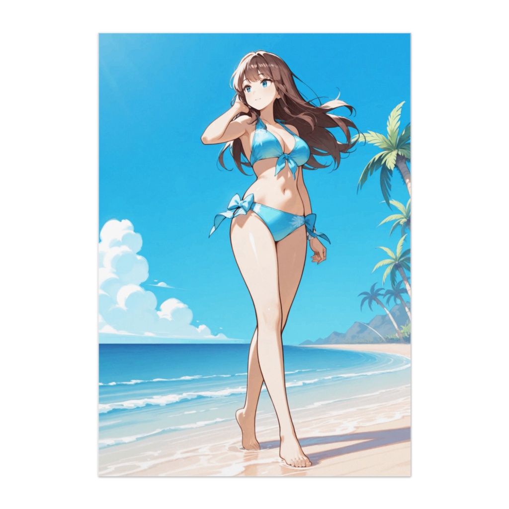 青いビキニの海辺美少女