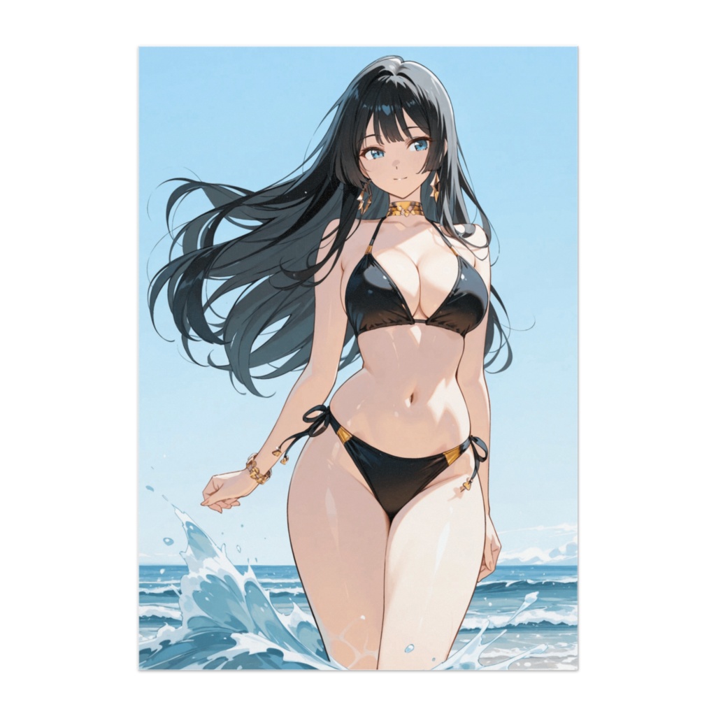黒いビキニで夏を彩る浜辺の美女