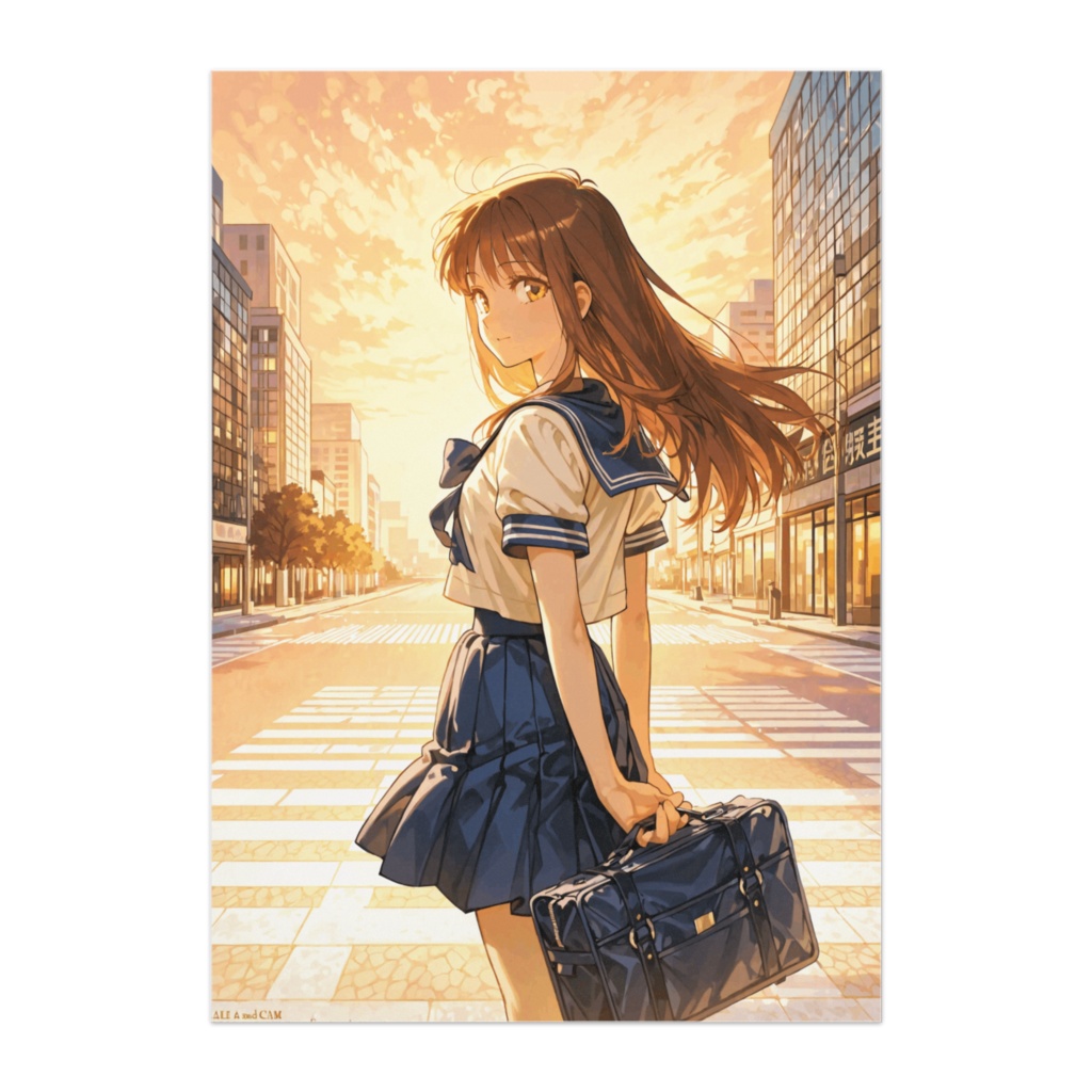 夕暮れの交差点とセーラー少女