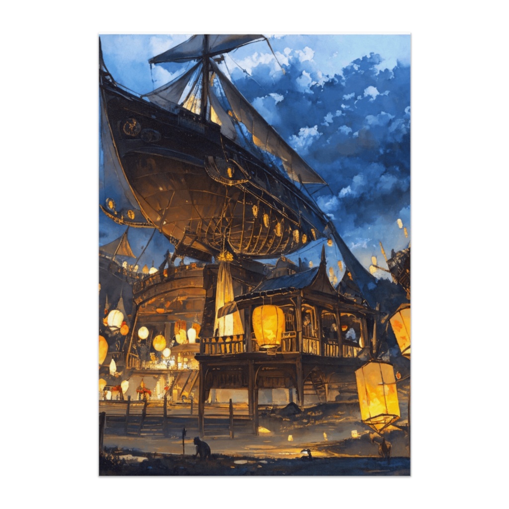 夜空に舞う灯火と空中船ポスター