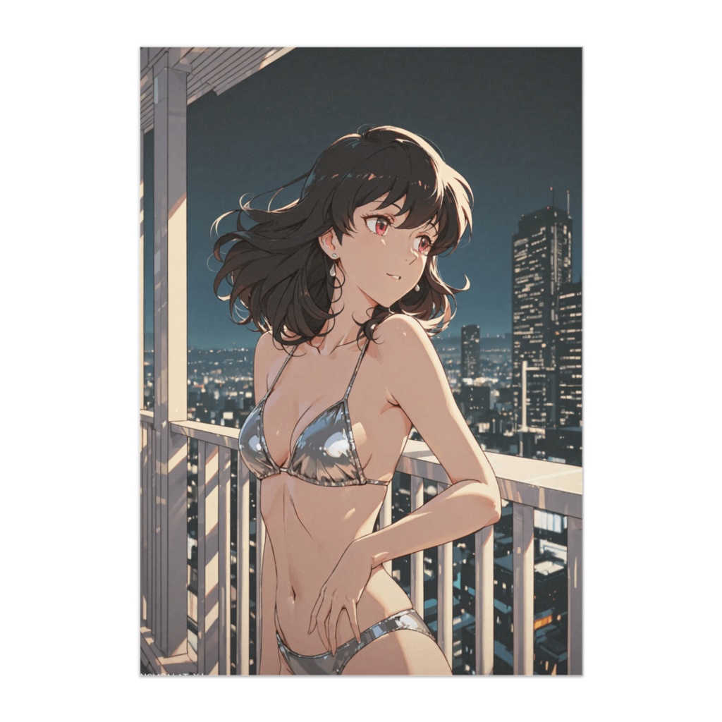 都会の夜景とシルバービキニ美女ポスター  