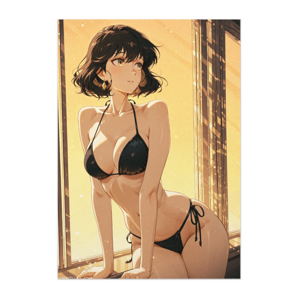 夕陽に輝く黒ビキニ美女ポスター  