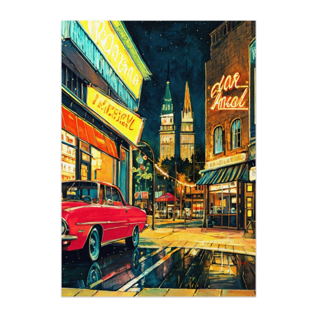 ネオンに濡れるダイナーの夜（赤いクラシックカー）