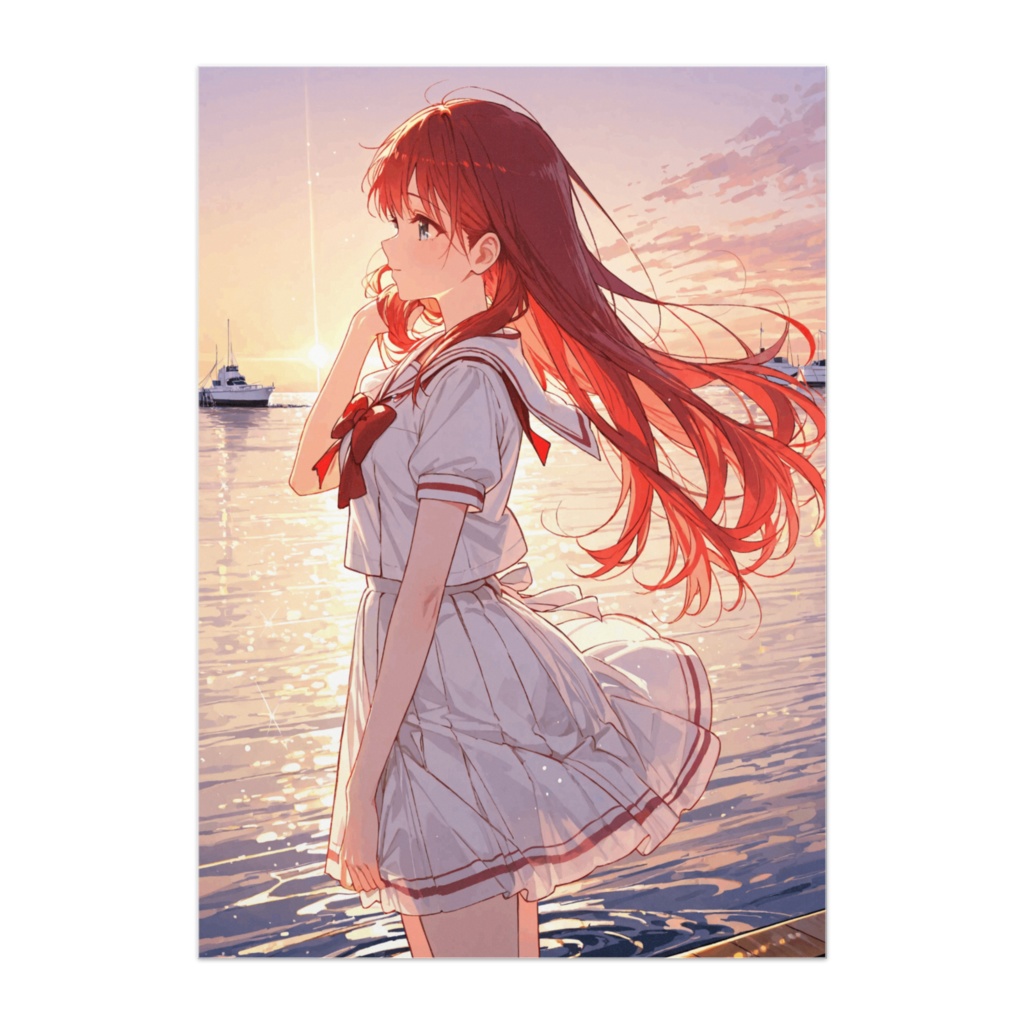 夕暮れのヨットハーバーとセーラー少女