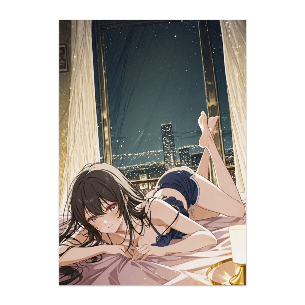 夜景を見下ろすベッドルームの美女