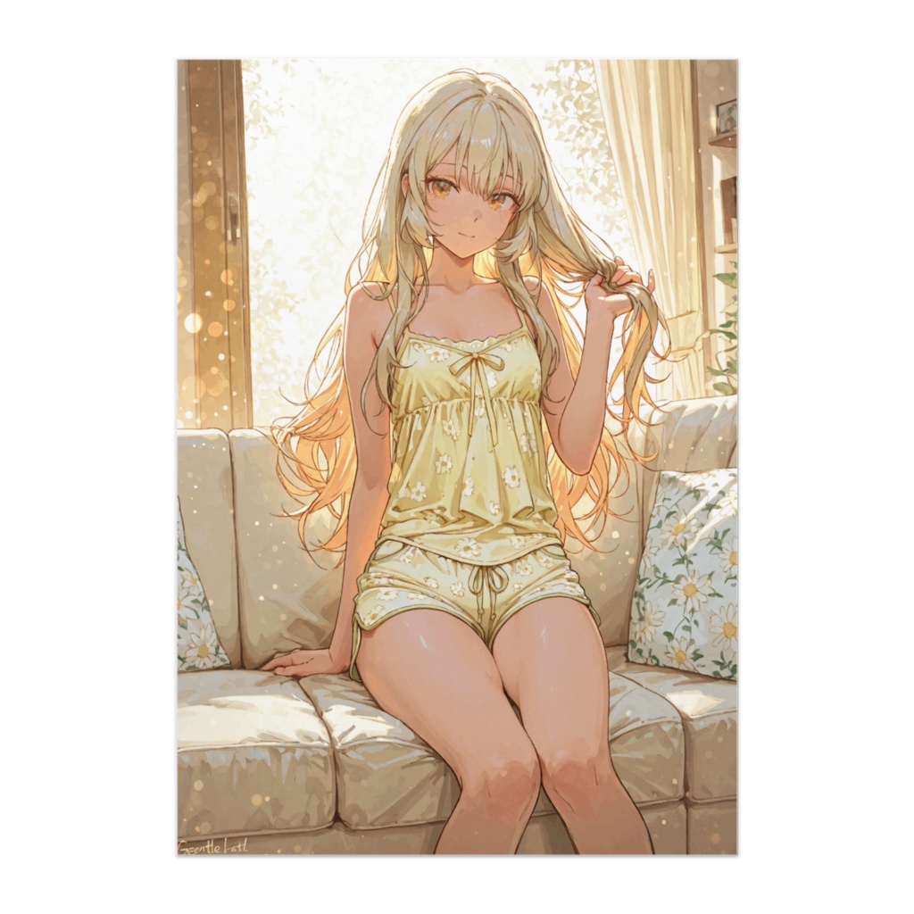 陽だまりのソファと黄色のルームウェア美女