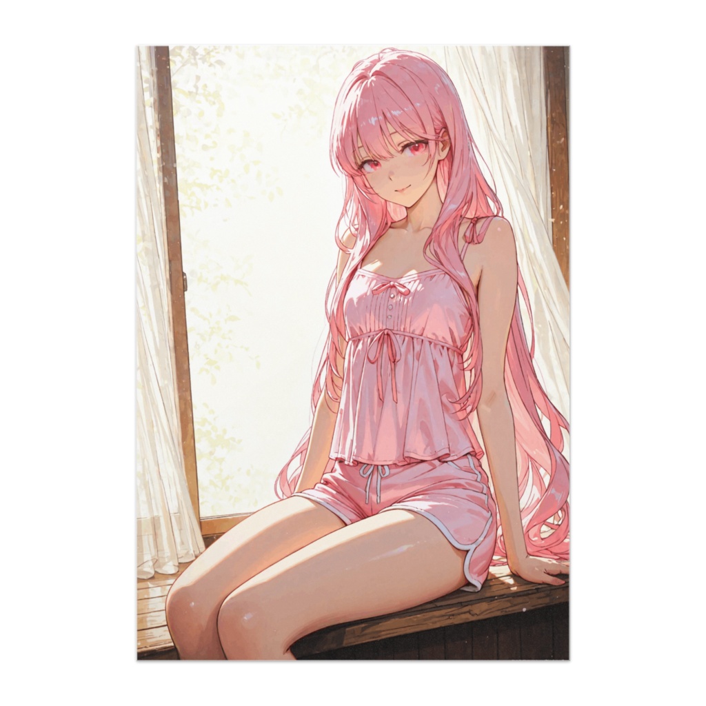 窓辺の陽光とピンクのルームウェア美女