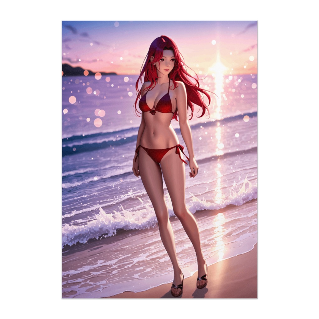 夕暮れの赤ビキニ美女ポスター