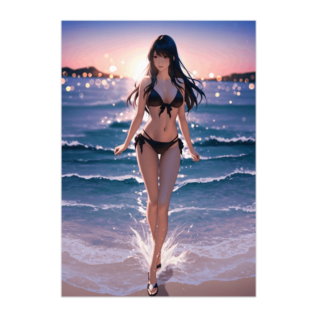 黒ビキニと夕陽の海辺ポスター  