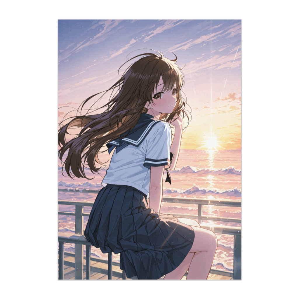 夕暮れの海とセーラー服少女ポスター