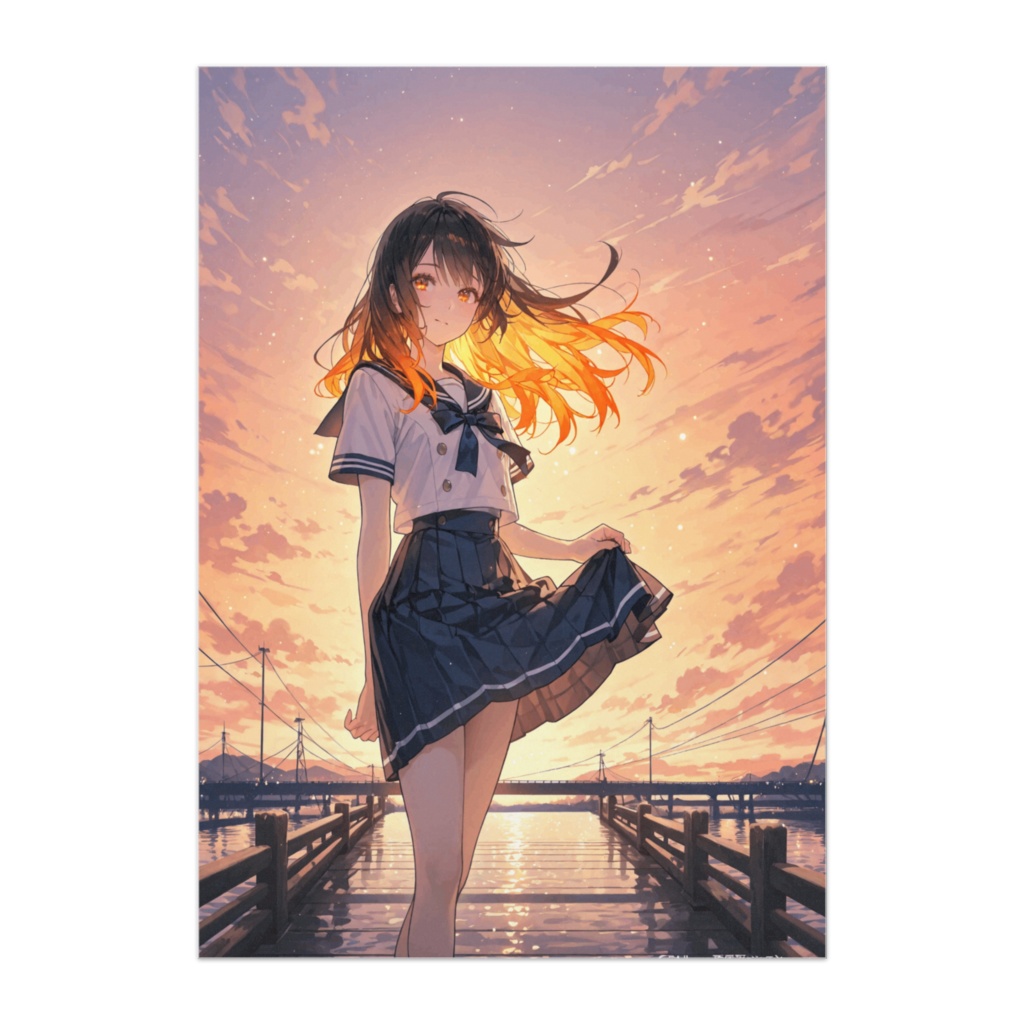 夕焼けの橋とセーラー服少女ポスター