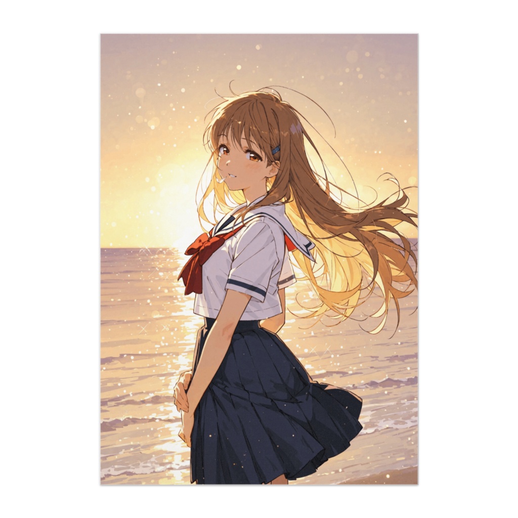 海辺の夕陽とセーラー服少女ポスター