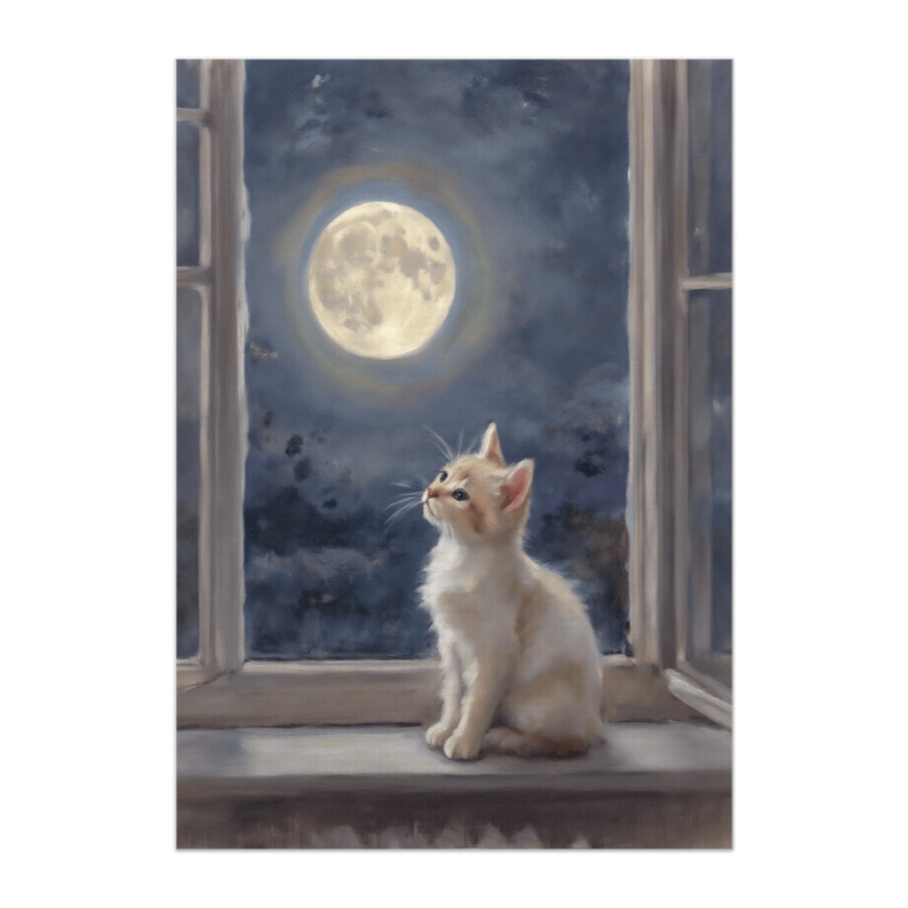 月明かりの窓辺の子猫