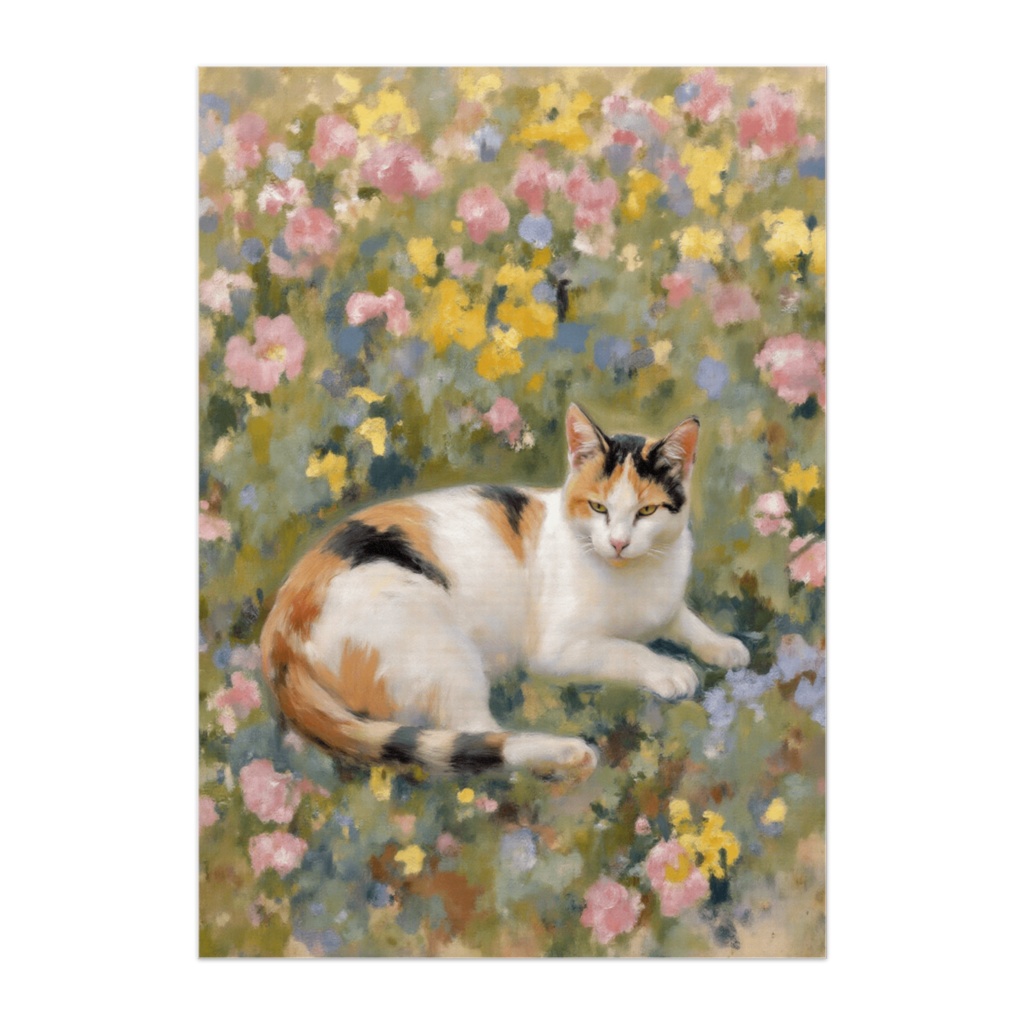 花畑の三毛猫