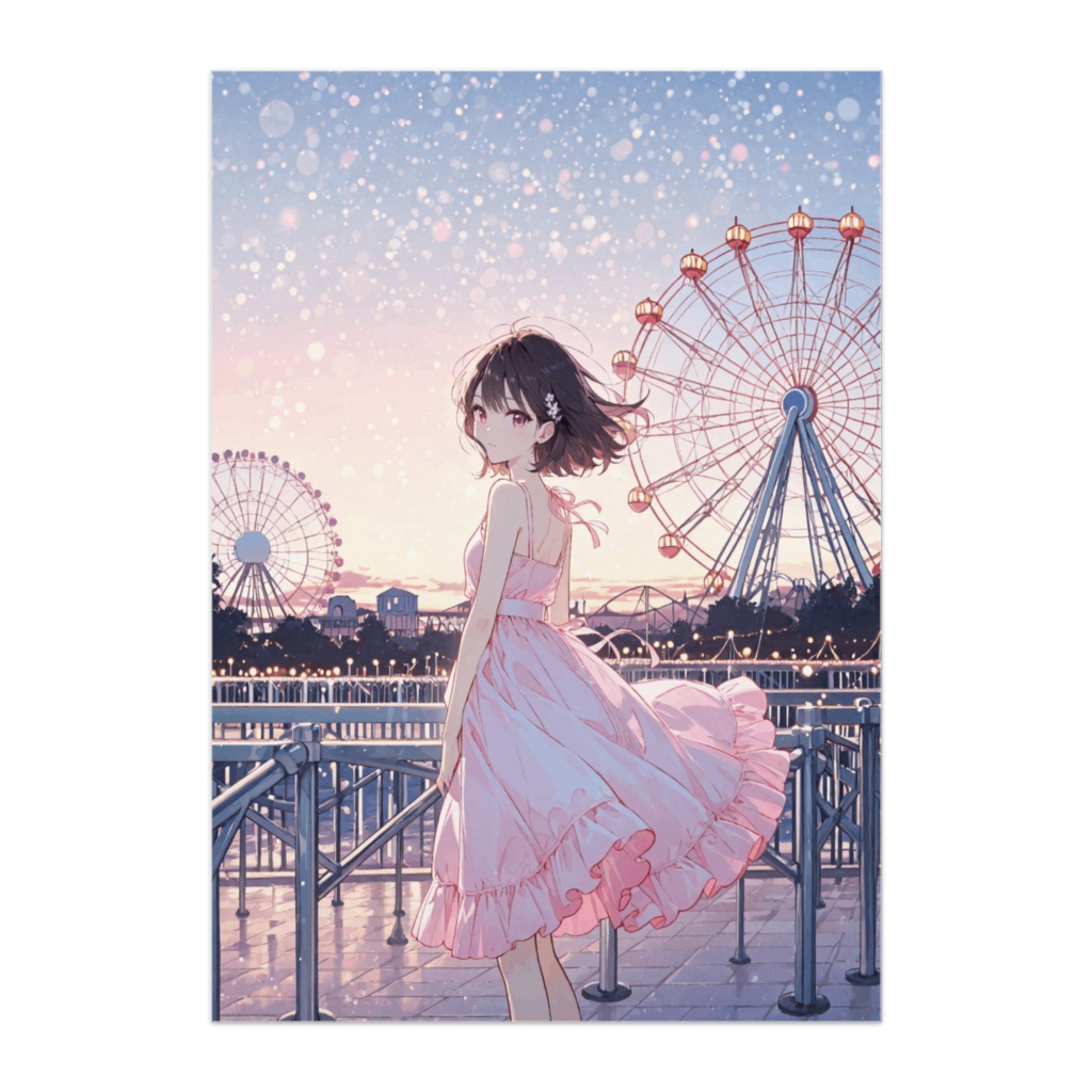 観覧車の夕暮れとピンクドレスの少女ポスター
