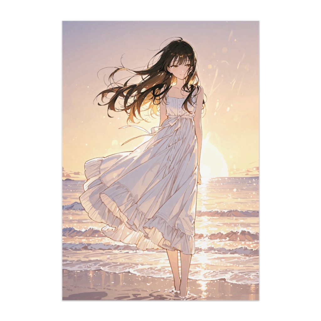 夕暮れの海辺と白いワンピースの少女ポスター