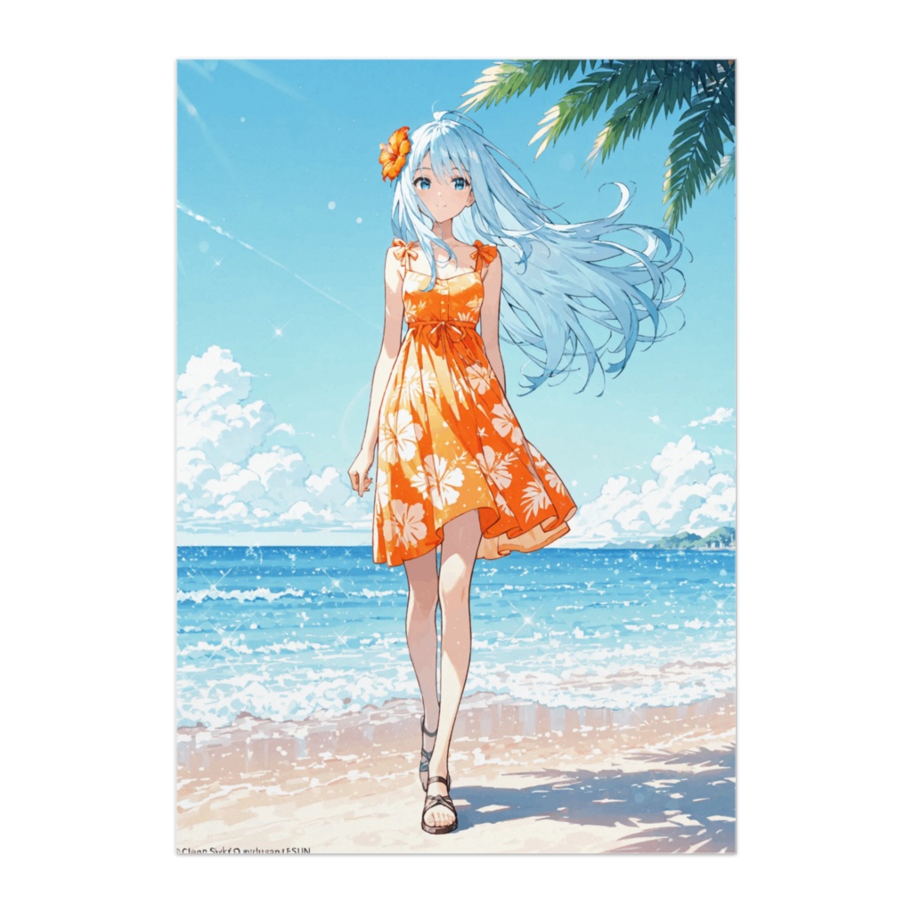 南国の浜辺とオレンジワンピースの少女ポスター