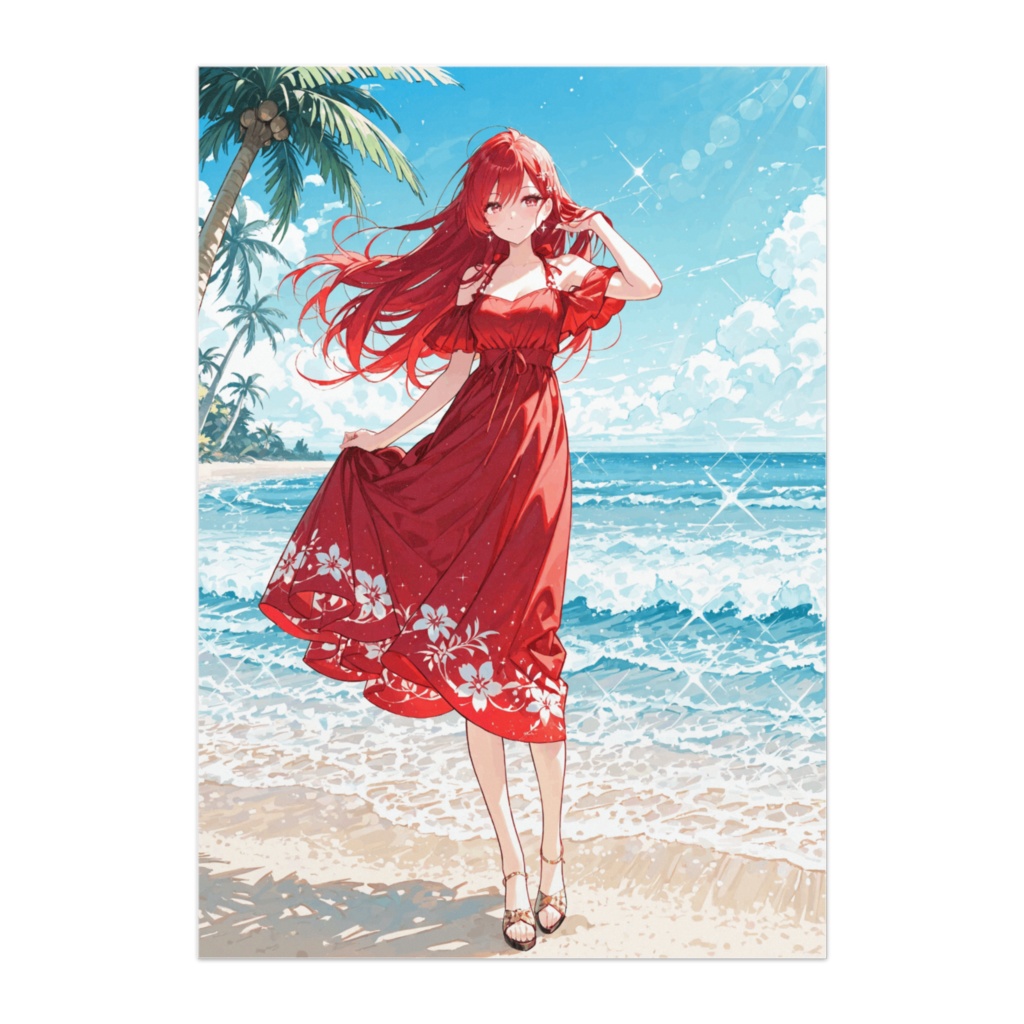南国の海辺と赤いワンピースの少女ポスター