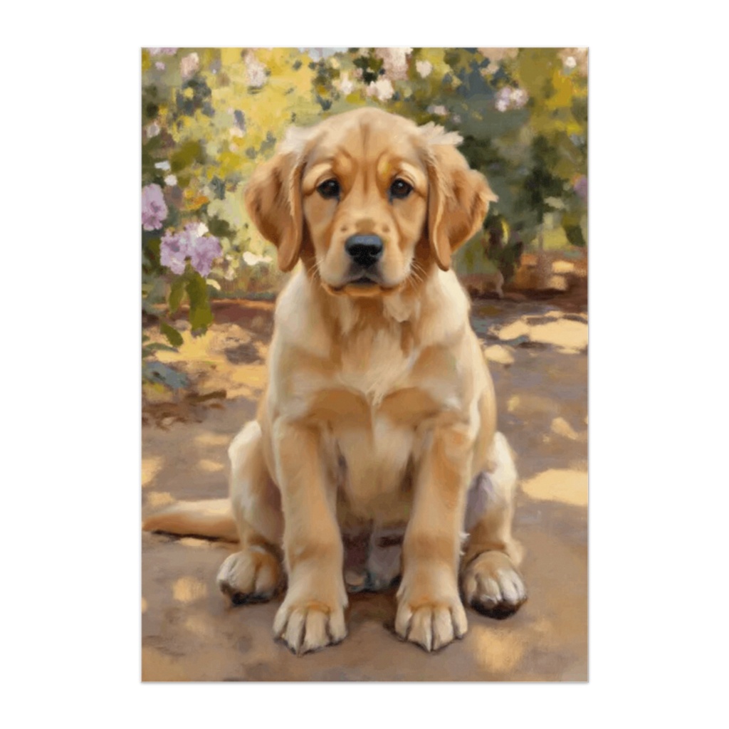 庭に座るゴールデンレトリバー子犬の油彩風ポスター