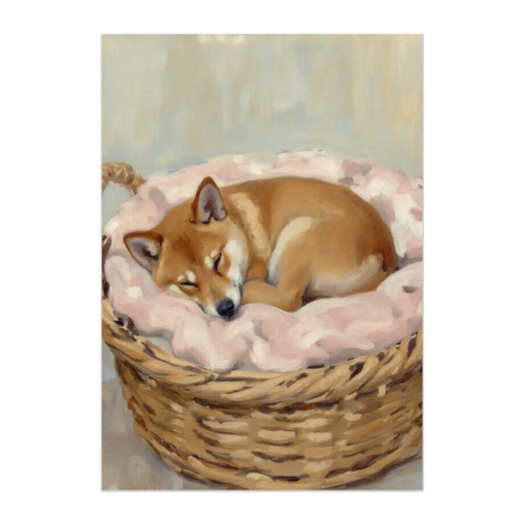 かごの中で眠る子犬の油彩風ポスター  