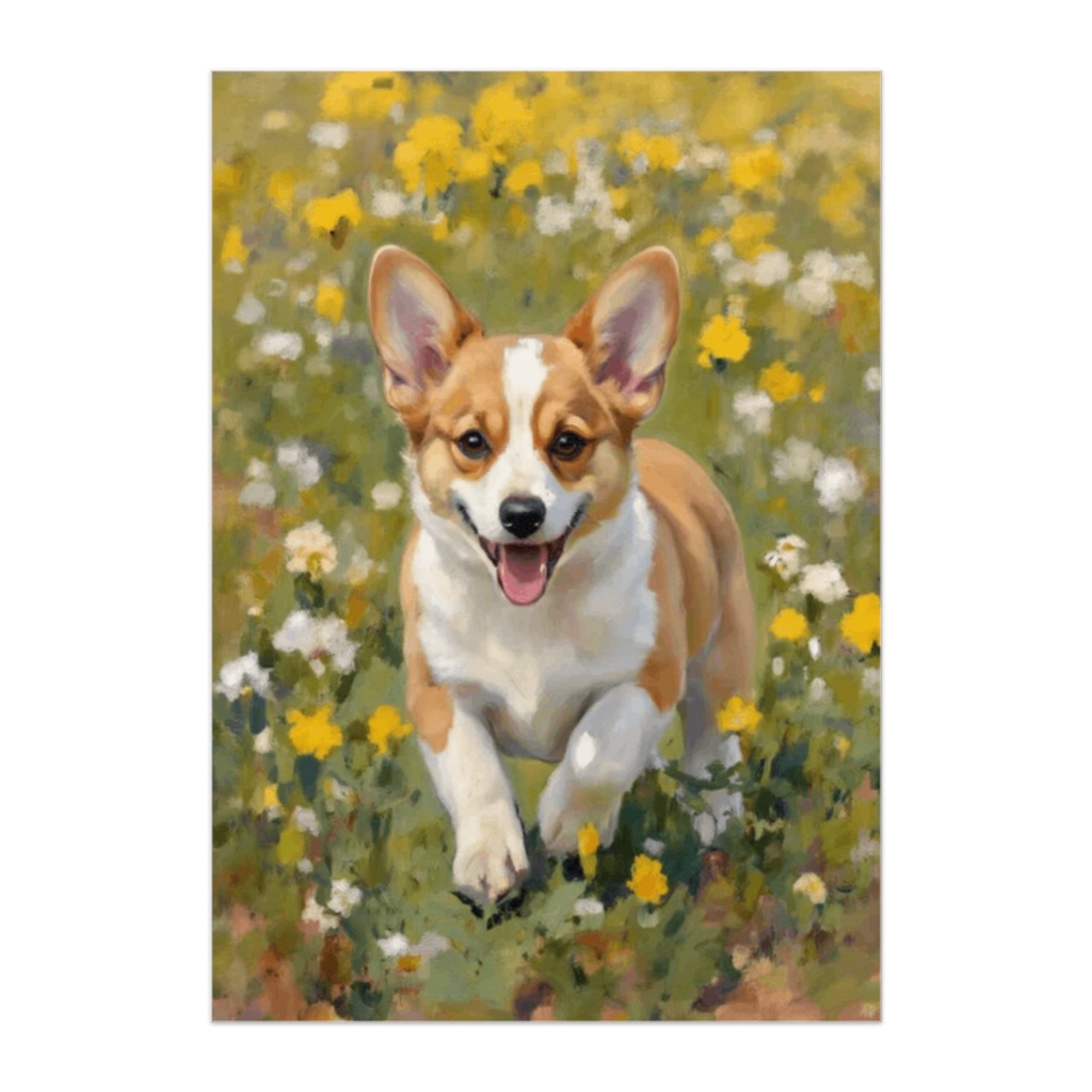 花畑を駆けるコーギー子犬の油彩風ポスター  