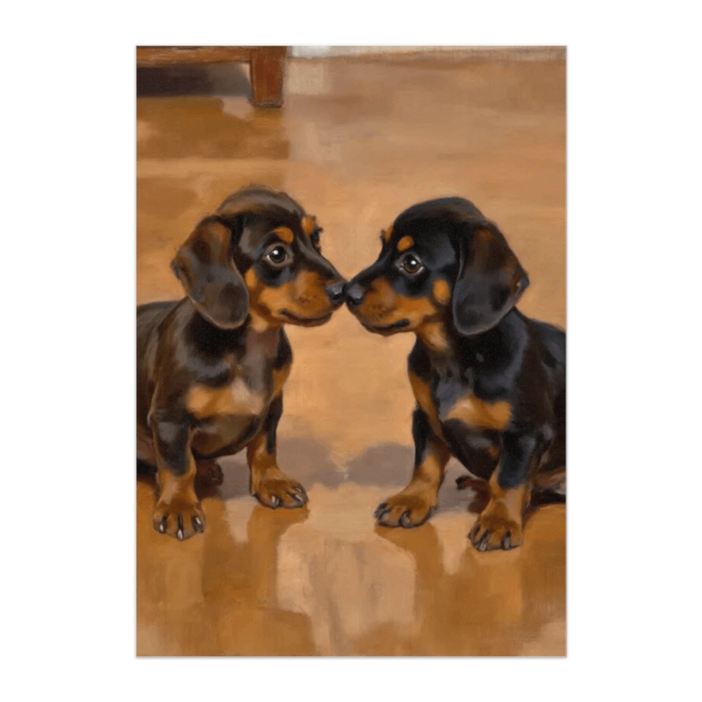 向かい合うダックスフント子犬たちの油彩風ポスター  